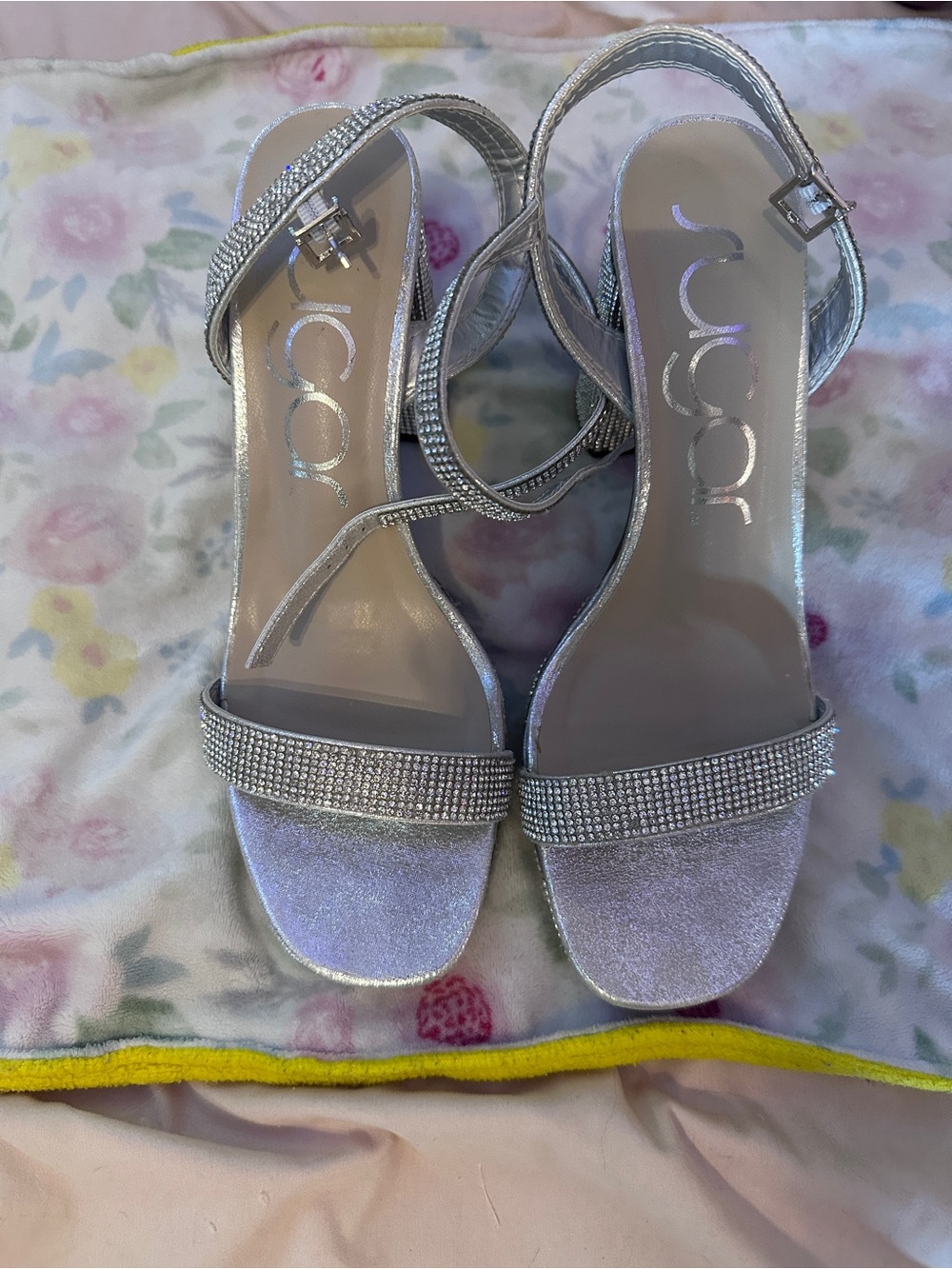 Sugar Silver Rhinestone Strap Heeled Sandals